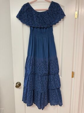 Blue Off-Shoulder Maxi Dress - Boho Tiered Eyelet